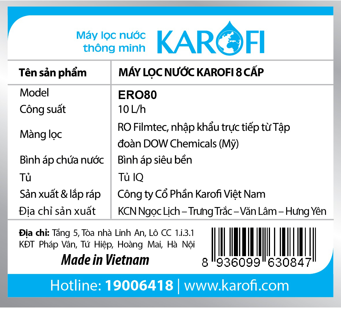 Máy lọc nước Karofi eRO80 - 8 lõi có tủ